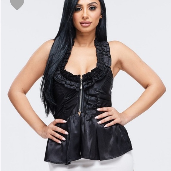 Black Shiny Satin Ruffle Halter Top Stretchy Shirt - Picture 4 of 4